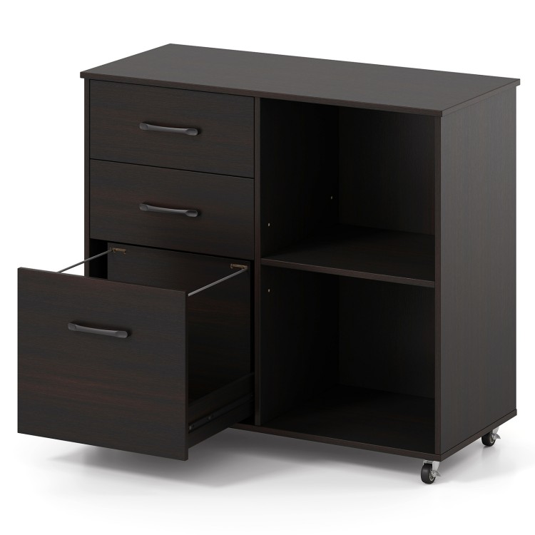 3-drawer mobile lateral file cabinet in espresso with open shelves and wheels for easy movement, ideal for office.
