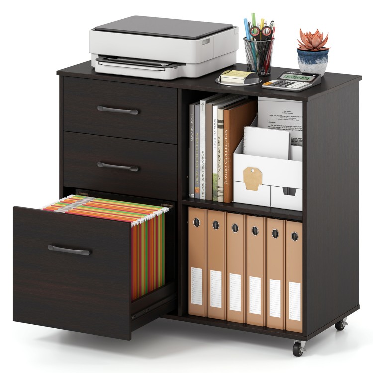 3-drawer mobile lateral file cabinet in espresso with open shelves and smooth sliding drawers for office organization.