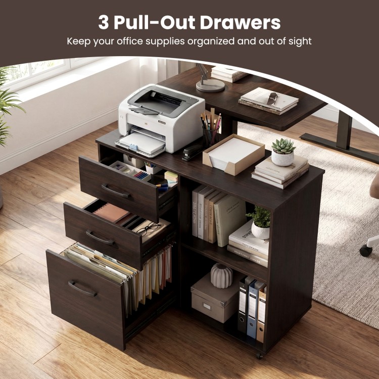 3-drawer mobile lateral file cabinet in espresso with open shelves and smooth drawer slides for organized office.