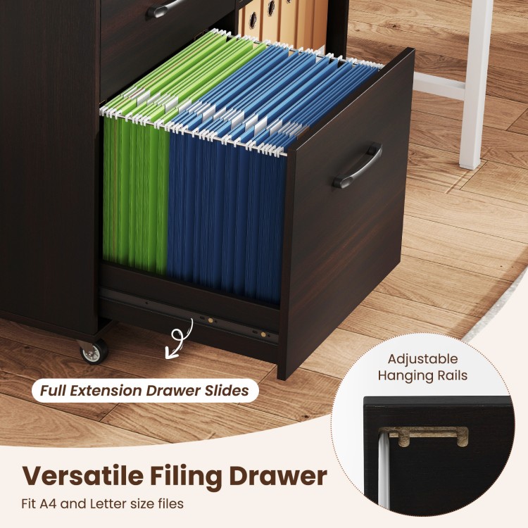 Versatile filing drawer with full extension slides, adjustable rails for A4 and letter size files in a mobile cabinet.