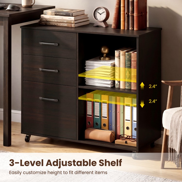 3-drawer mobile lateral file cabinet in espresso with adjustable shelf, perfect for office or living room storage.