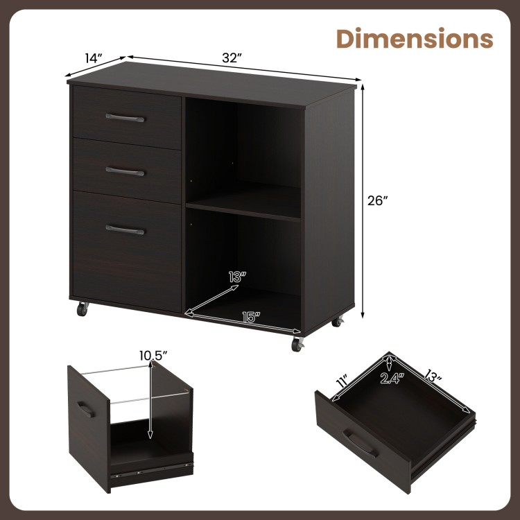 3-drawer mobile lateral file cabinet in espresso with open shelves and smooth sliding drawers for versatile storage.