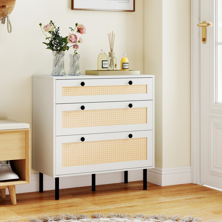 3-drawer rattan nightstand in white with boho design, featuring woven texture and spacious top for decorations.