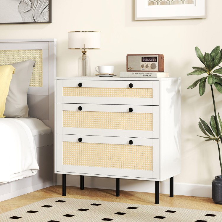 3-drawer rattan nightstand in white with woven texture, perfect for bedroom storage and decoration display.