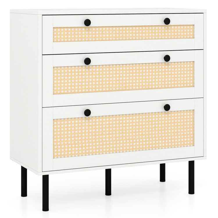 Close-up of the rattan texture on the front of a 3-drawer nightstand in white, enhancing boho style and decor.