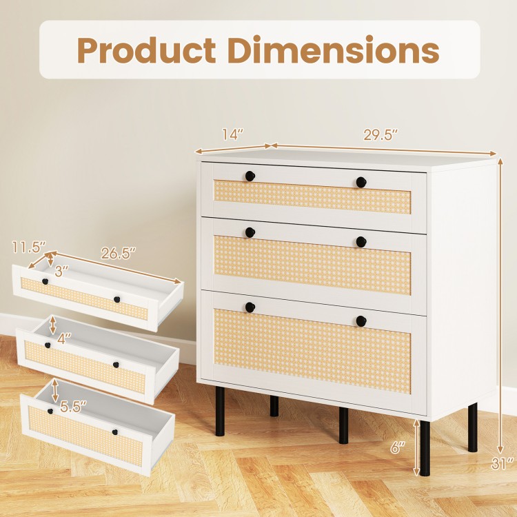 3-drawer rattan nightstand in white with dimensions shown, featuring boho style and ample storage for bedroom decor.