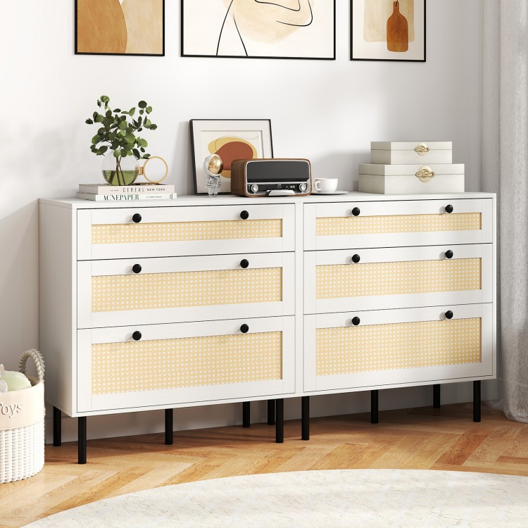 Boho 3-drawer nightstand in white with rattan texture, featuring spacious top and adjustable metal legs for stability.