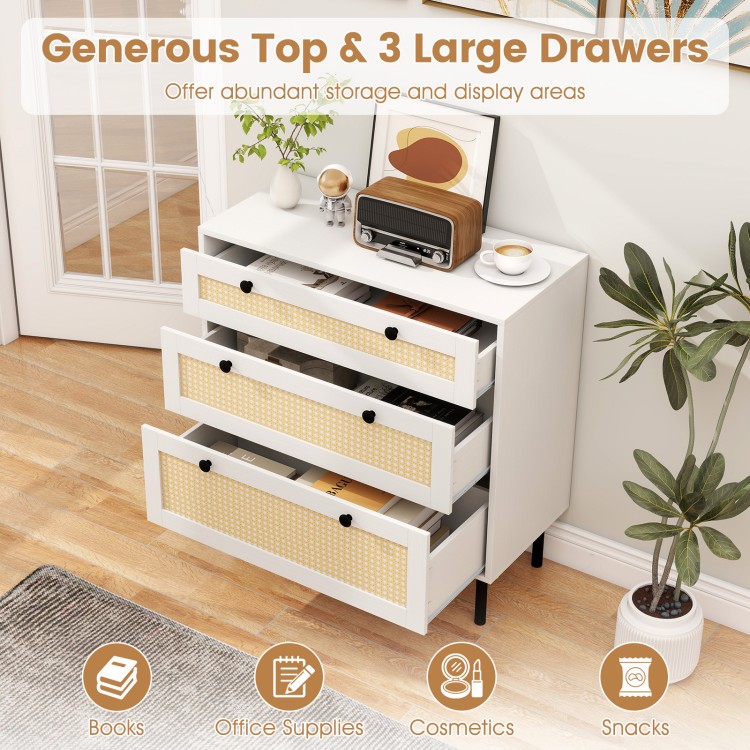 3-drawer rattan nightstand in white with woven texture and spacious top, perfect for bedroom or living room storage.