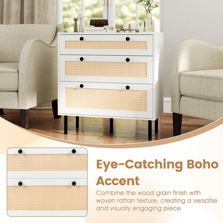3-drawer rattan nightstand in white with wood grain finish, perfect for bedroom storage and decor display.