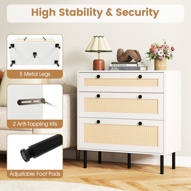 3-drawer rattan nightstand in white with boho style, featuring metal legs and anti-tipping kits for bedroom stability.