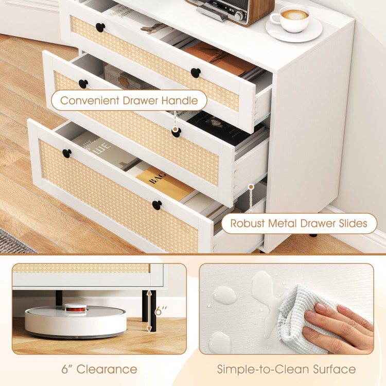 3-drawer rattan nightstand with white finish, featuring convenient handles and robust metal slides for smooth operation.
