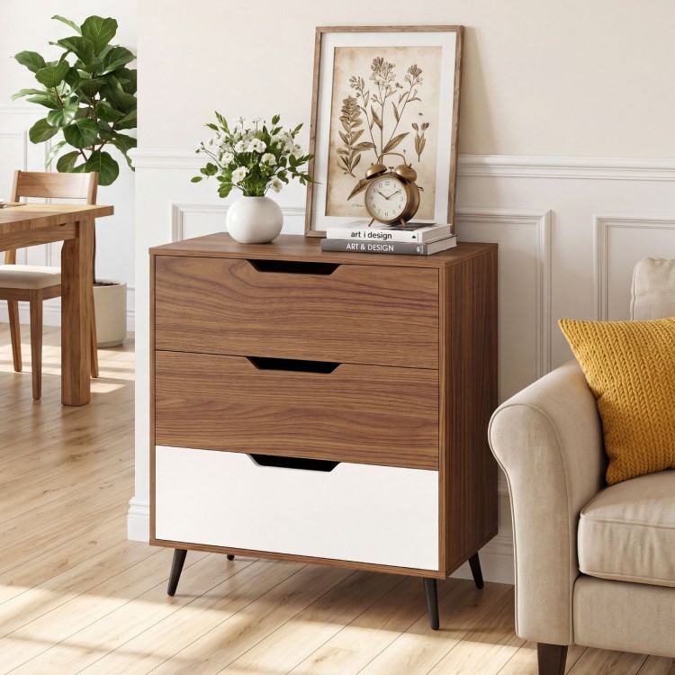 Rustic farmhouse 3-drawer wooden storage dresser in walnut finish, featuring a wide top for decorative items and metal legs.