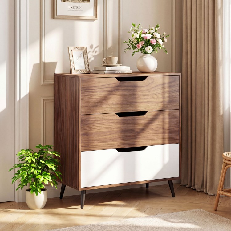 Rustic farmhouse 3-drawer wooden storage dresser in walnut with a white bottom, ideal for living room or bedroom decor.