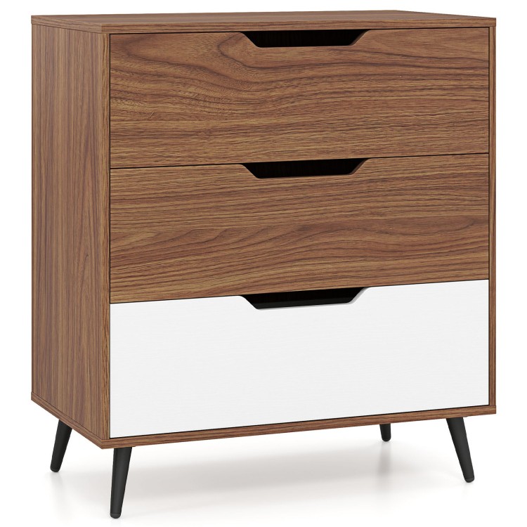 Three-drawer rustic farmhouse wooden storage dresser in walnut with metal legs, ideal for living room or bedroom use.