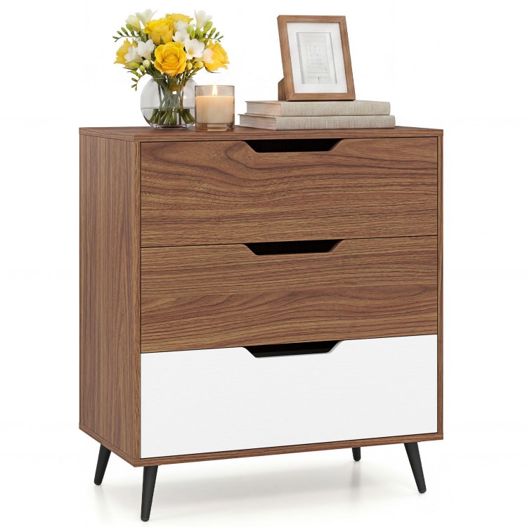Three-drawer rustic farmhouse wooden storage dresser in walnut with a white drawer front, ideal for living room or bedroom use.