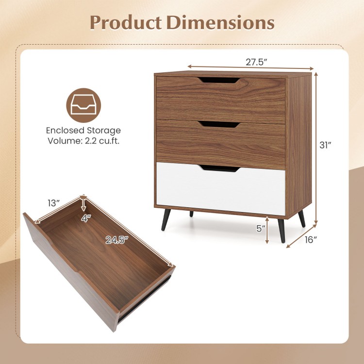 3-drawer rustic farmhouse wooden storage dresser in walnut finish with smooth metal slides for versatile home use.