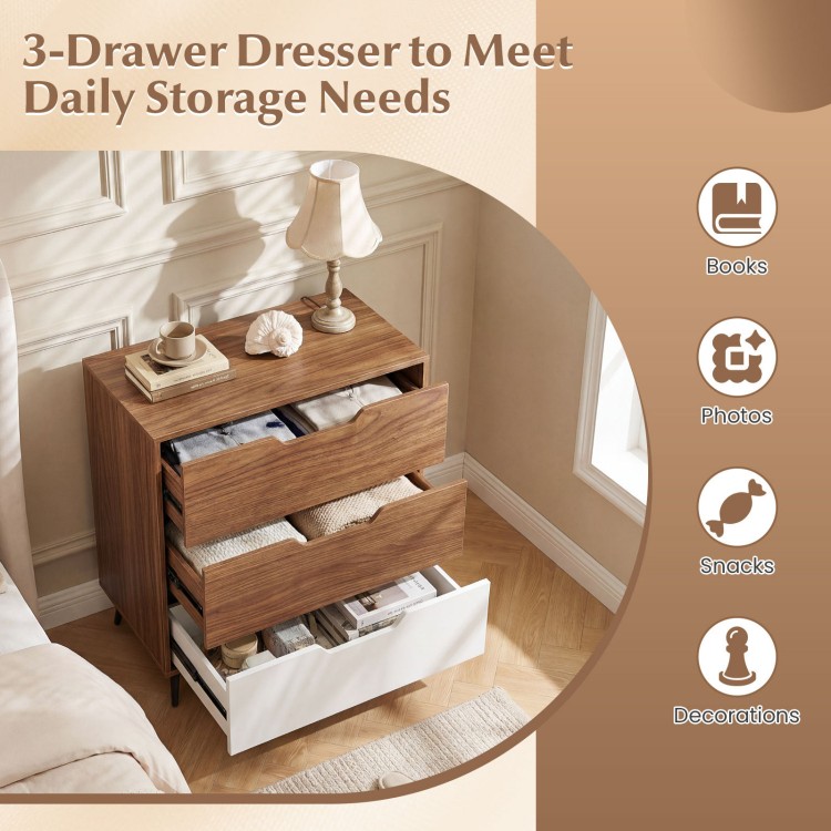 3-drawer rustic farmhouse wooden storage dresser in walnut finish, perfect for daily organization in any room.
