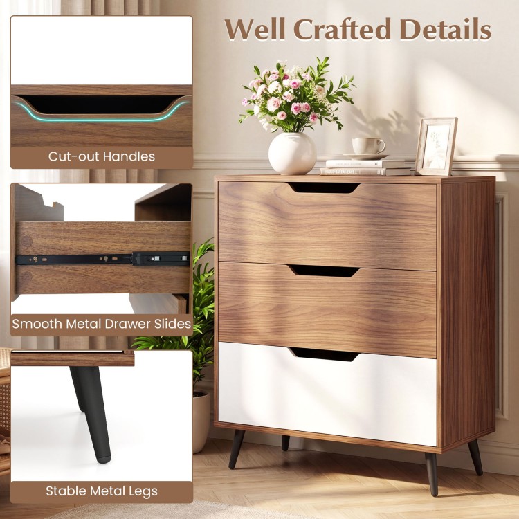 3-drawer rustic farmhouse wooden storage dresser in walnut with smooth metal drawer slides and stable metal legs for versatile use.