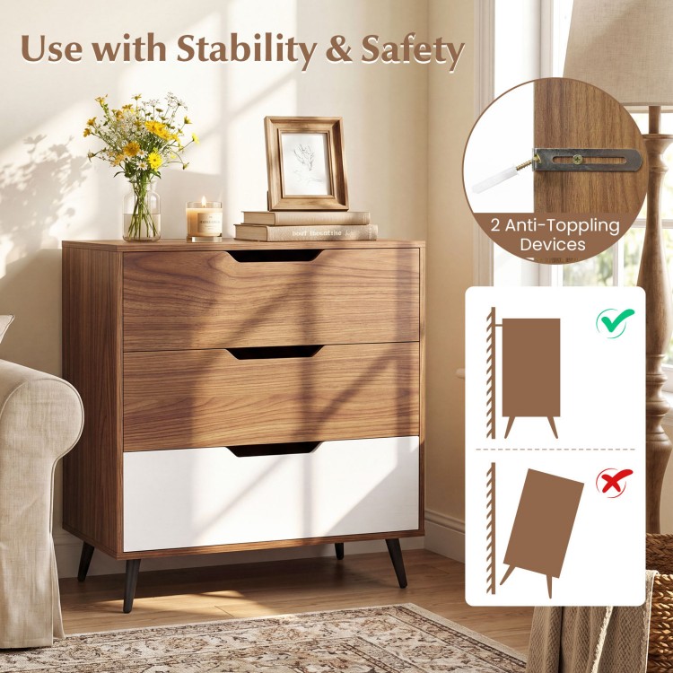 Rustic farmhouse 3-drawer wooden storage dresser in walnut with metal legs and anti-toppling devices for safety.