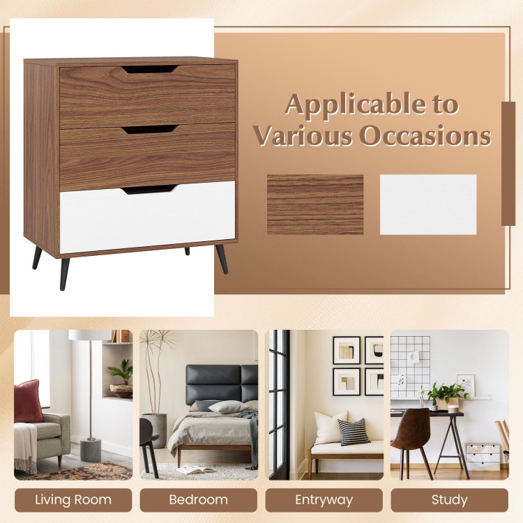 3-drawer rustic farmhouse wooden storage dresser in walnut with metal legs, ideal for living room or bedroom use.