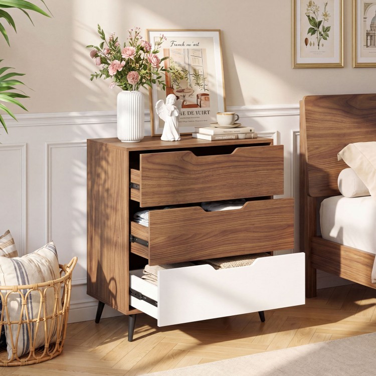 Three-drawer rustic farmhouse wooden storage dresser in walnut finish, featuring smooth metal slides and a wide display top.