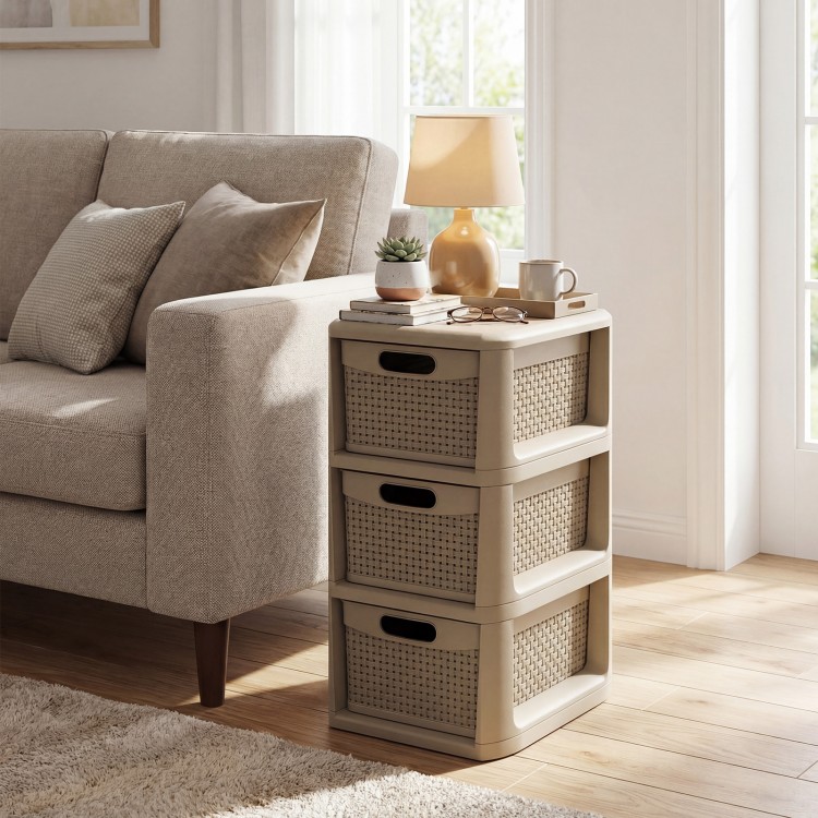 3-drawer storage organizer in black with wicker patterns, ideal for cosmetics and office supplies, perfect for compact.