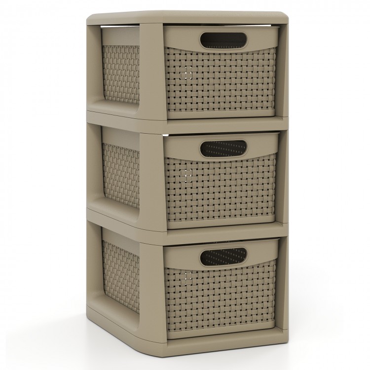 Three-drawer storage organizer in black with wicker patterns, perfect for cosmetics and office supplies, ideal for.
