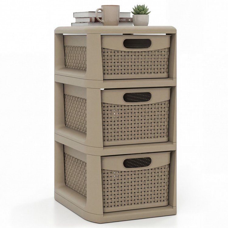 3-drawer storage organizer in black with wicker-pattern drawers, perfect for cosmetics and office supplies in compact.