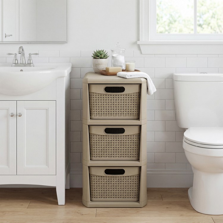 3-drawer storage organizer with wicker patterns in black, perfect for bathroom or laundry room storage.