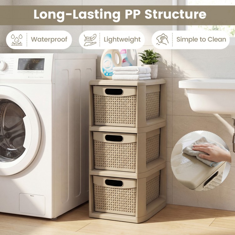 3-drawer storage organizer with wicker patterns in black, made of waterproof PP plastic, ideal for bathroom or laundry.