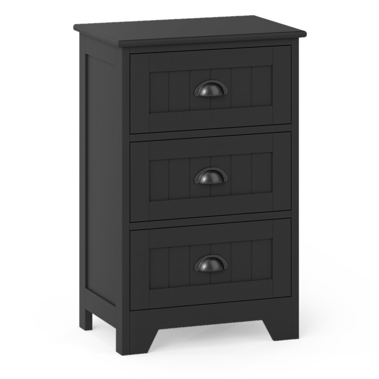 Three-drawer black wood nightstand with vintage handles, ideal for bedside storage in any room decor.