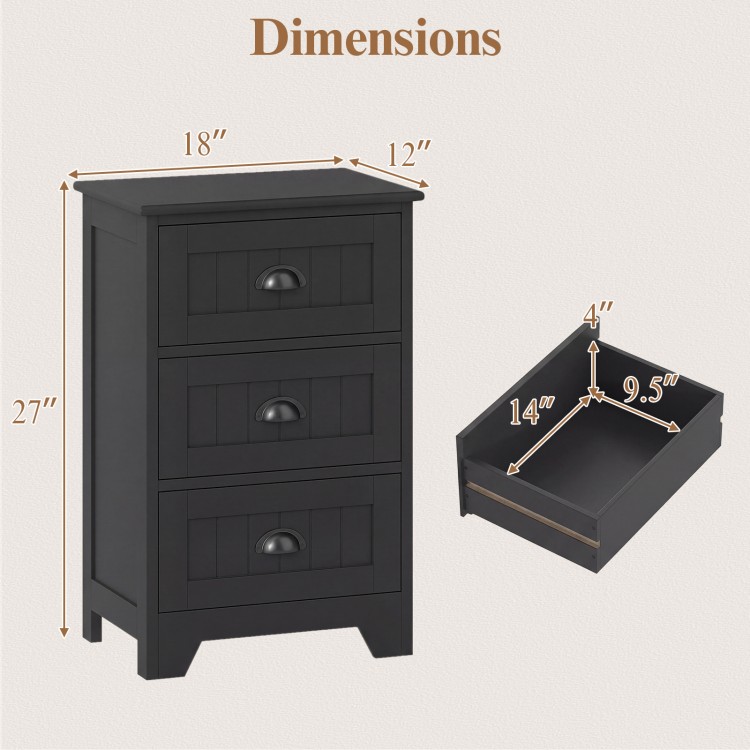 Black 3-drawer nightstand with vintage handles, showcasing dimensions for versatile storage beside your bed or in any.