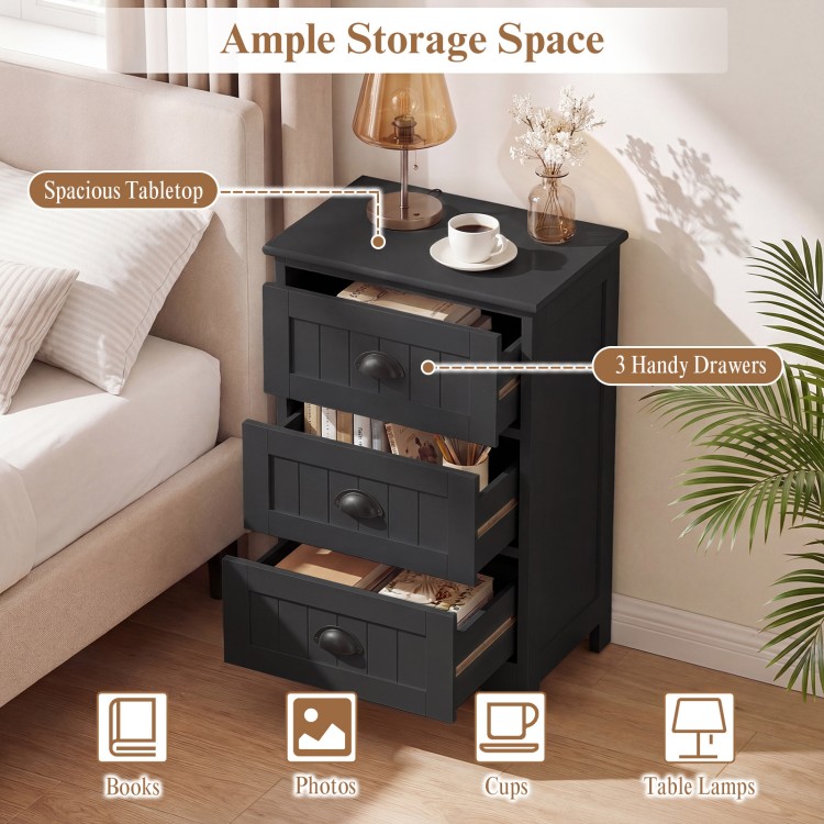 Black 3-drawer nightstand with vintage handles, spacious tabletop, ideal for bedside storage and organization.