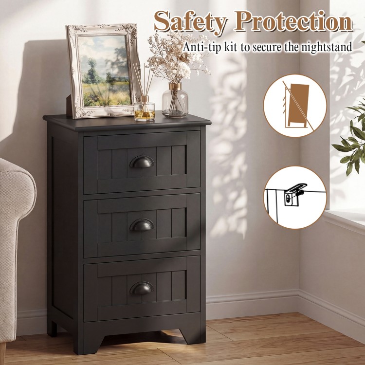 Black 3-drawer wood nightstand with vintage handles, perfect for bedside storage in any room decor.