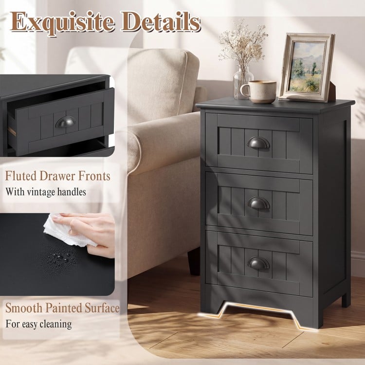 Black 3-drawer wood nightstand with vintage handles, smooth surface, ideal for bedside or living room storage.
