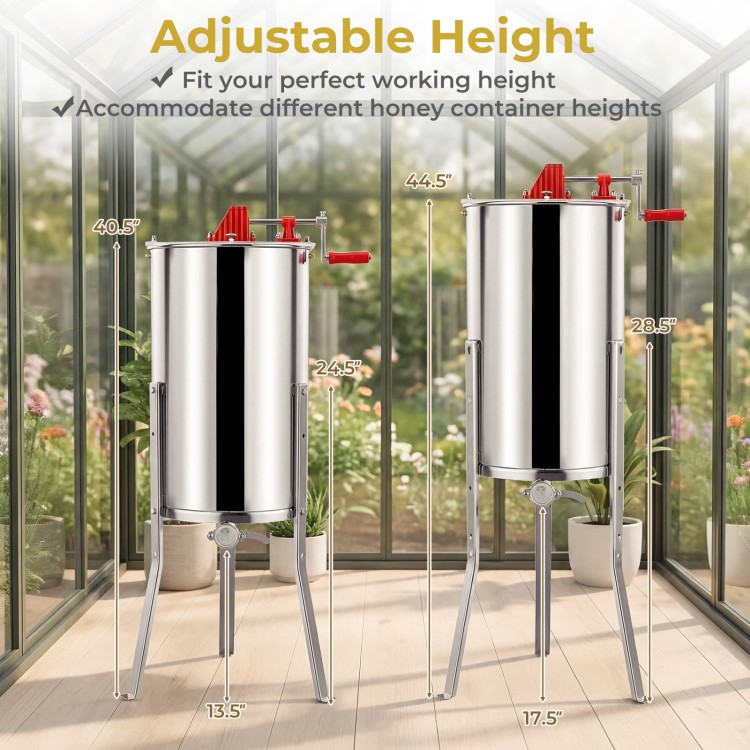 3 frame manual honey extractor with adjustable height, clear lid, and stainless steel design for home apiary use.