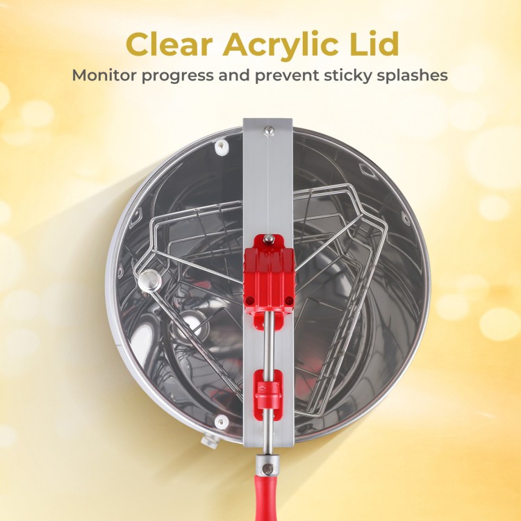Clear acrylic lid of the 3 frame manual honey extractor for monitoring progress and preventing sticky splashes.