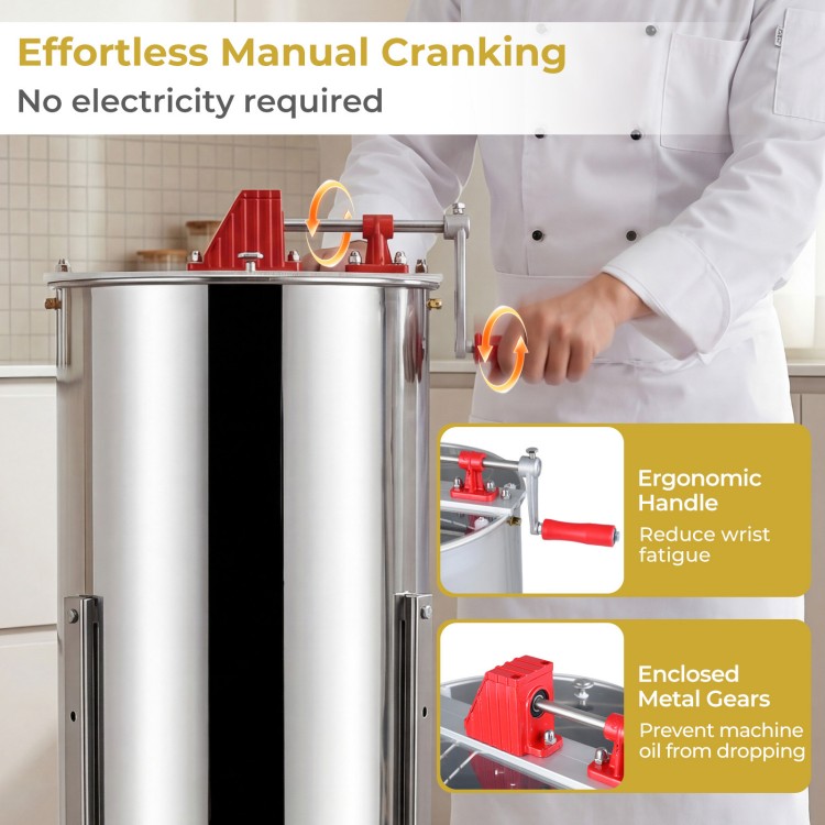 3 frame manual honey extractor with ergonomic handle and clear lid, designed for effortless honey extraction at home.