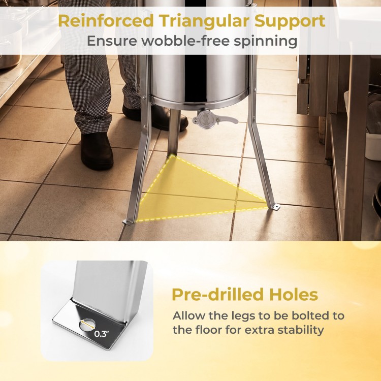 Reinforced triangular support of the 3 frame manual honey extractor ensures wobble-free spinning for efficient honey.