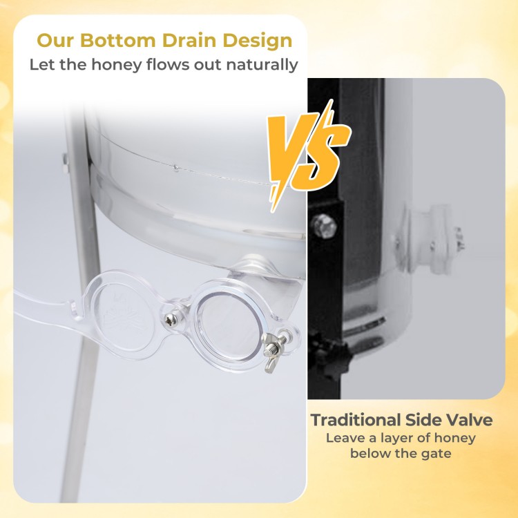 Comparison of honey extractor designs highlighting the bottom gravity flow gate and clear lid for easy monitoring.
