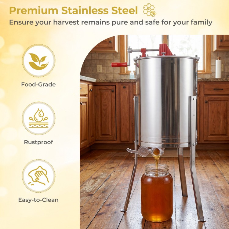 3 frame manual honey extractor in food-grade stainless steel with clear lid and bottom gravity flow gate for home.