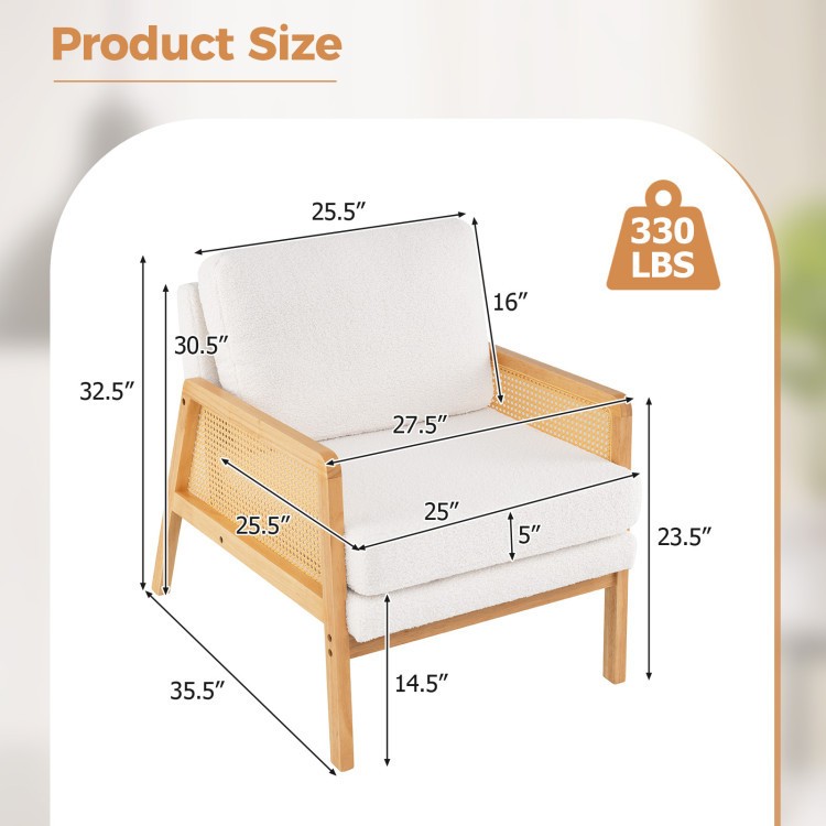 Mid Century Modern accent chair with PE rattan armrests, soft sherpa fabric, and ergonomic backrest for comfort.