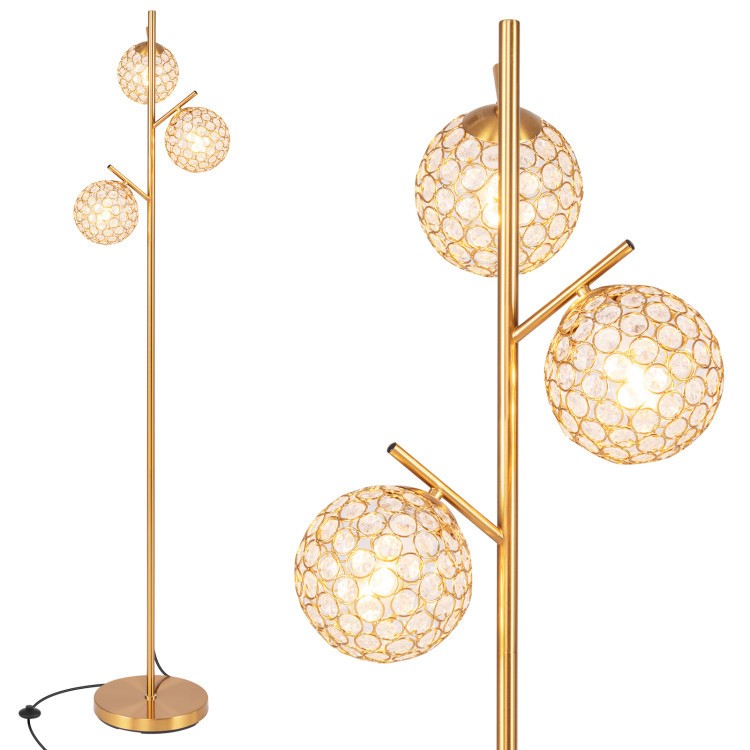 Gold 3-globe floor lamp with acrylic shades and a sturdy base, perfect for modern living room or bedroom decor.