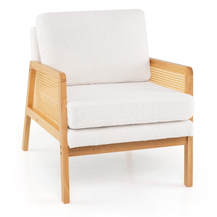 Mid-century modern accent chair with soft sherpa fabric, PE rattan armrests, and sturdy rubber wood legs for versatile.