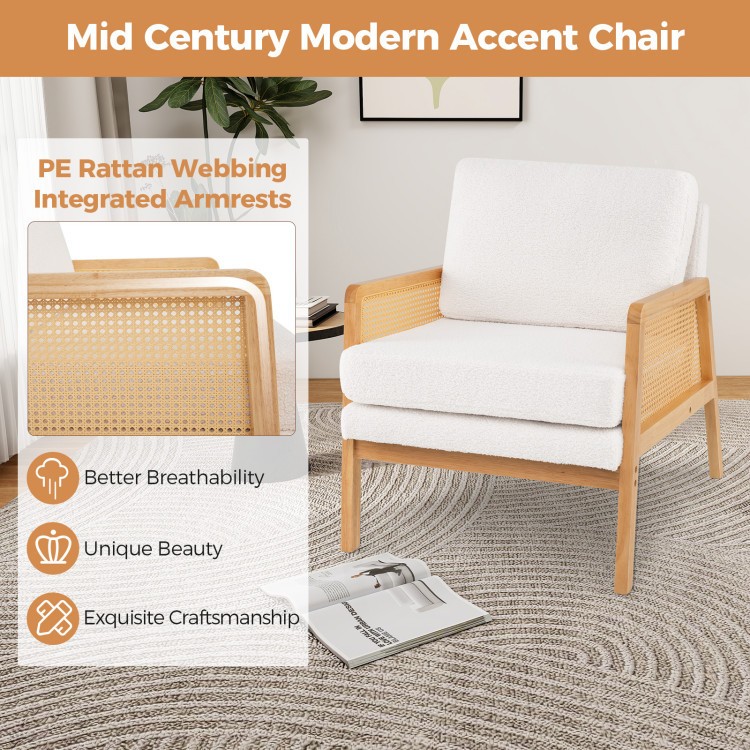 Mid Century Modern accent chair featuring PE rattan armrests and soft sherpa fabric, perfect for living room or office.