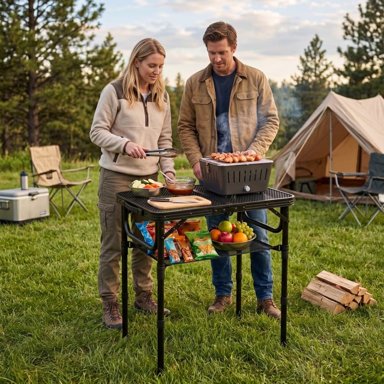 Folding picnic table with adjustable height, large storage net, and durable mesh tabletop for camping and grilling.