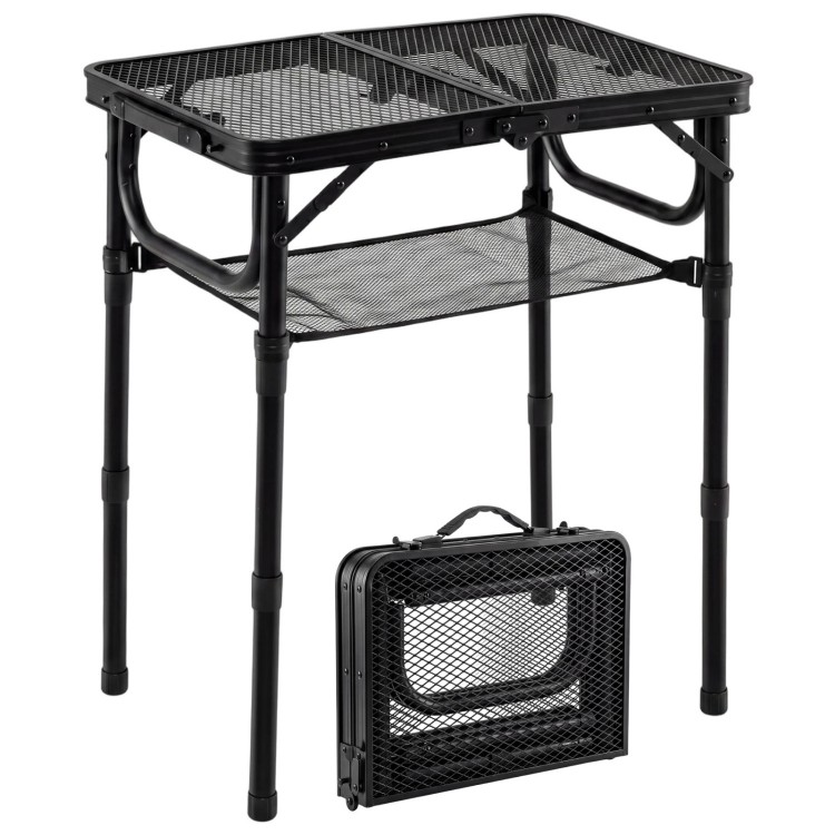 Folding picnic table with adjustable height, large storage net, and handle for easy transport and outdoor use.