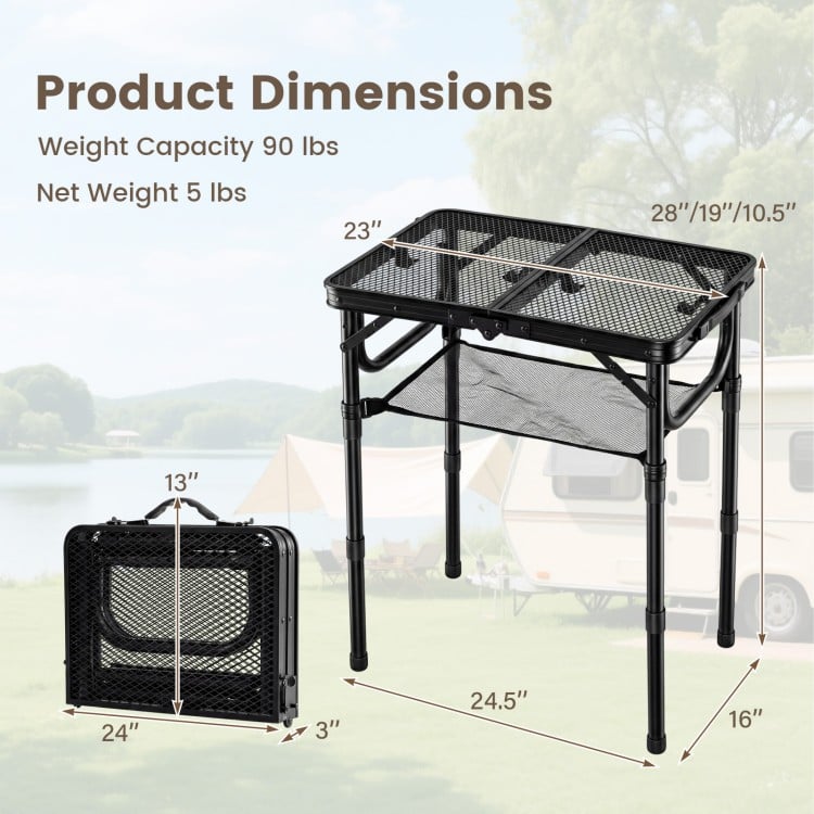 Folding picnic table in black with adjustable height, large storage net, and compact design for easy transport.