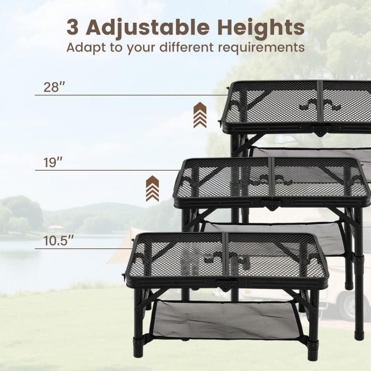 3-height folding picnic table in black with adjustable heights, large storage net, and easy transport handle for.