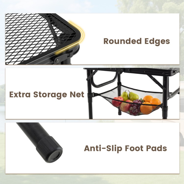 Folding picnic table featuring rounded edges, anti-slip foot pads, and large storage net for organized outdoor use.